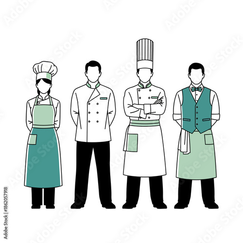 A group of restaurant staff including chefs and waiters standing together in a line.