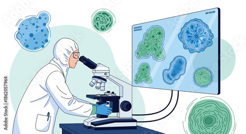 Scientist in protective suit examining microorganisms with microscope and digital display panel in
