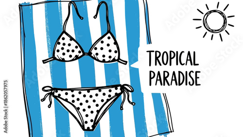 A cartoon illustration of a bikini on a beach towel with a tropical paradise theme