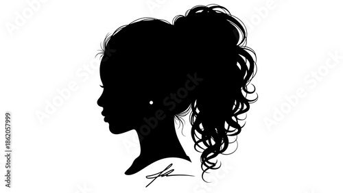 A black silhouette of a woman with curly hair in a ponytail against a white background