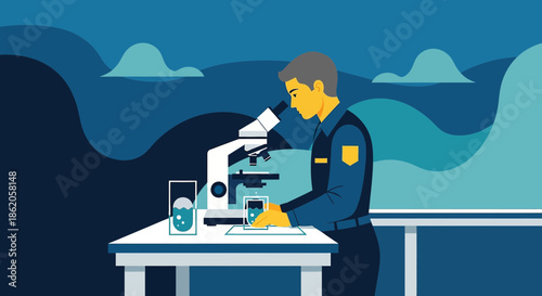 Scientist meticulously examining samples under a microscope in a laboratory setting