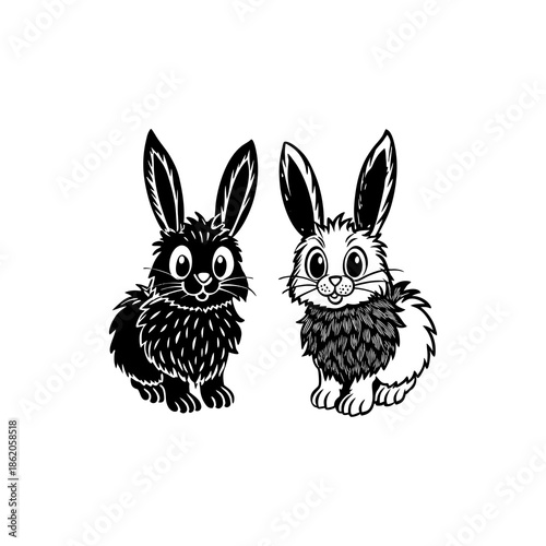 Two cartoon rabbits, one black and one white, sitting side-by-side with fluffy fur and large ears.