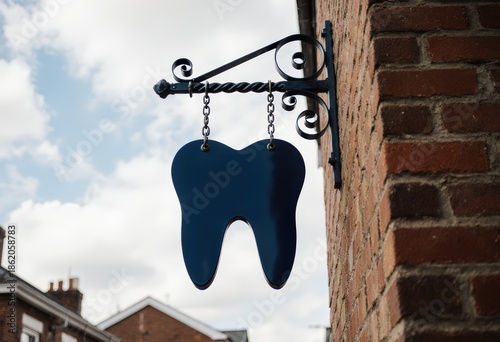 Outdoor dental clinic sign shaped like a blue tooth on brick wall