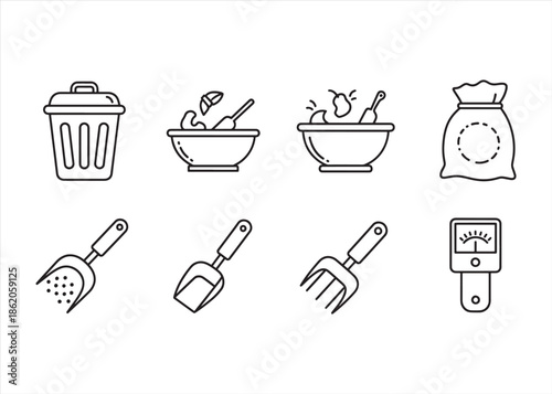 Composting Essential Icon Set with Bin, Kitchen Scraps, Worm Casting, and Aeration Tools
