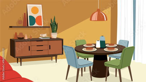 Minimalist mid-century dining room illustration with geometric wall art, warm brown walls, colorful furniture, and decorative accents.