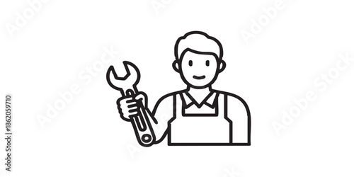 Mechanic guy and wrench thin line icon, repair service concept. Vector graphics. Master man with repair tool sign on white background, style mobile or design black and white simple outlined with thick
