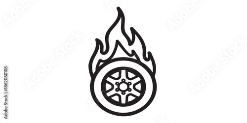 Burning car wheel solid icon, tires fitting concept. Vector graphics. Tire on fire, rubber waste sign on white background, style mobile or design.
