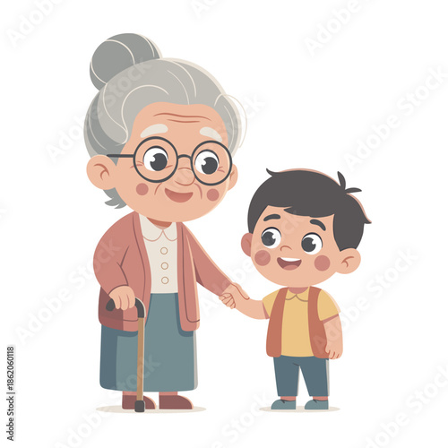 Grandmother and grandson holding hands walking together vector illustration isolated on white background