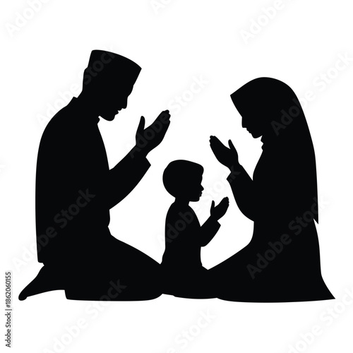 Muslim family father mother and son praying together silhouette vector