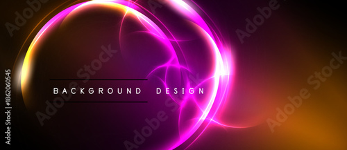 Abstract neon lights form circular shapes. Vibrant colors blend, creating dynamic background design. Dark space surrounds glowing elements.