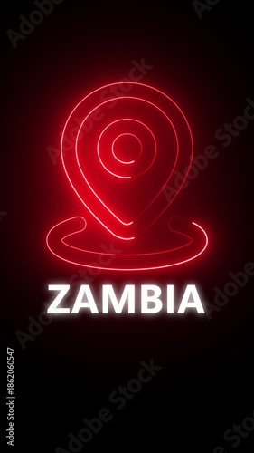 Red Neon Location Pin Icon with Zambia Text on Black Background map marker navigation