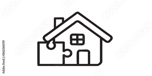Home house and puzzle thin line icon, remote work concept. Vector graphics. Cottage building with puzzle piece, logic game sign on white background, style mobile or design black and white simple outli