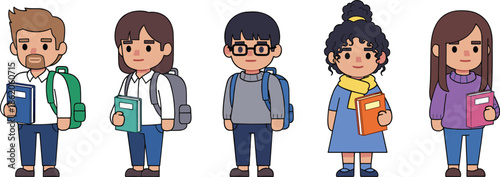 Five cartoon students holding books and wearing backpacks school