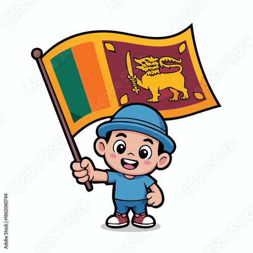 Cute cartoon boy happily waving the national flag of Sri Lanka, showing patriotism and national pride.