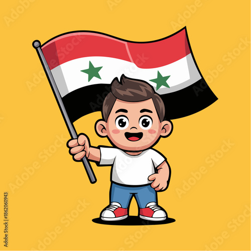 A cute cartoon boy happily holding the Syrian flag, celebrating national pride on a yellow background.