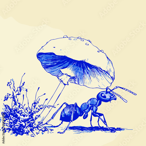 Whimsical Blue Illustration of an Ant Under a Mushroom