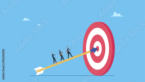 Diverse business people working team walking up archer arrow which hitting bullseye target. Business achievement, improvement goal, success target or career growth.