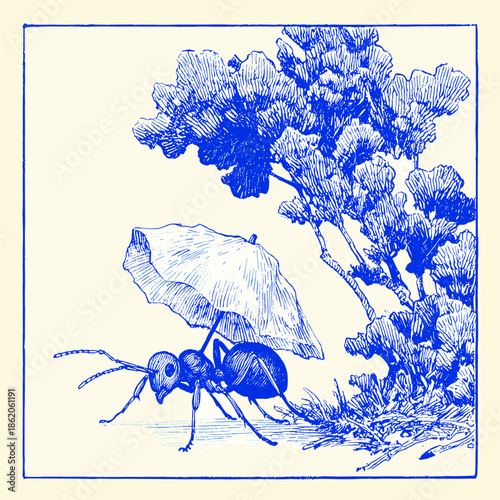 Whimsical Blue Illustration of an Ant Under a Mushroom