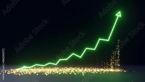 Green arrow shows upward trend with gold particle base on dark surface.