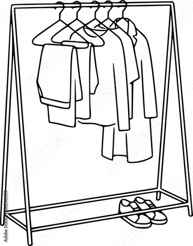 Simple line drawing of clothing rack with garments and shoes.