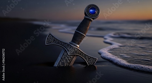 Mystical Sword Emerges from the Ocean Shore at Dusk.