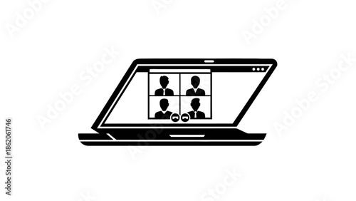 Video conference icon on laptop screen, online meeting with four participants, virtual webinar and remote work concept vector illustration.