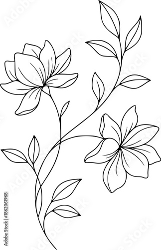 Simple black and white illustration of flowers and leaves on a stem.