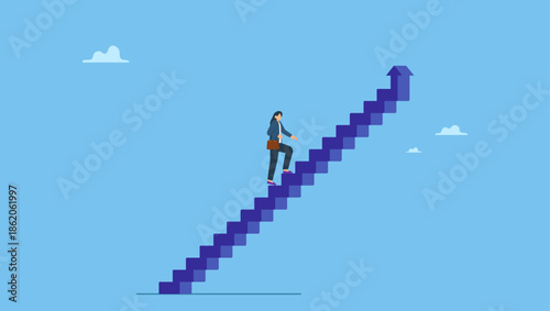 Confidence businesswoman take small step walking up staircase with arrow pointing up. Career success for woman or female leadership, goal achievement and business challenge or gender equality.