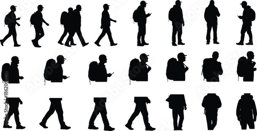 Silhouettes of People Walking and Standing with Backpacks in Black and White