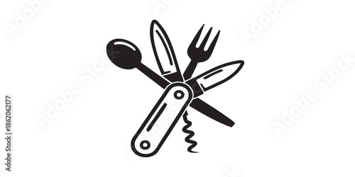 Knife with spoon, fork and corkscrew solid icon, eco tourism concept. Vector graphics. Utility knife, cutting tool sign on white background, style mobile or design