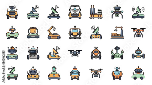 Collection of Various Robot Icons and Symbols.