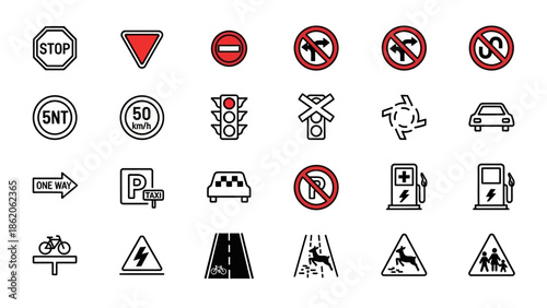 Collection of Various Road Signs and Symbols.