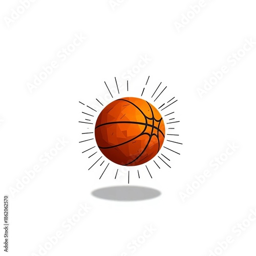 Abstract geometric patterns radiate from a stylized vector basketball mid-air against a stark white background, hinting at trajectory and force,  basketball,  vector