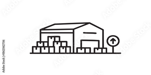 Marine warehouse thin line icon, marine port concept. Vector graphics. Warehouse building with boxes, delivery service sign on white background, style mobile or design. black and white simple outlined