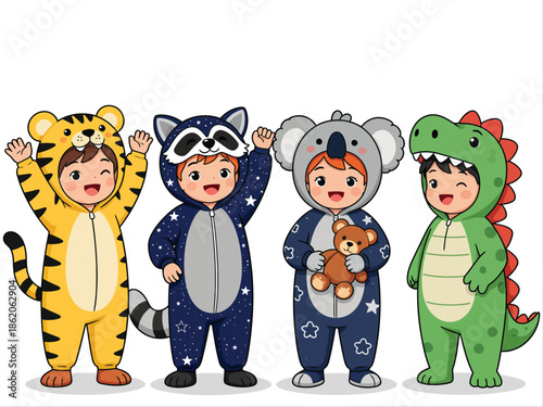 Children Wearing Animal Costumes Standing Together.