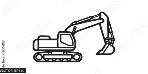 Crawler excavator with bucket line icon, heavy transport concept. Vector graphics. Excavator machine sign on white background, outline style icon for mobile or web design.