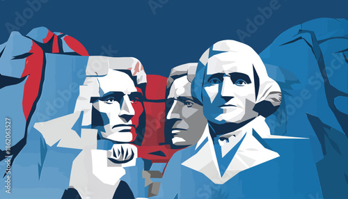 Stylized graphic illustration of Mount Rushmore with four US presidents, George Washington, Thomas Jefferson, Theodore Roosevelt, and Abraham Lincoln, in patriotic blue, white, and red colors.