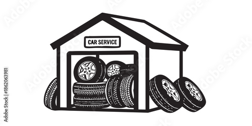 Car wheel waste house solid icon, tires fitting concept. Vector graphics. Small storage for used tire, car service sign on white background, style mobile or design.. black and white simple outlined wi