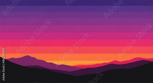 Vibrant Pixel Art Sunset Over Silhouetted Mountain Range.