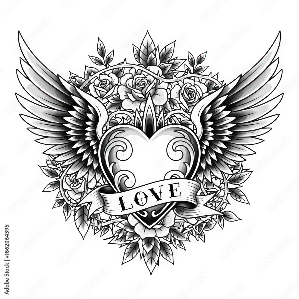 Fototapeta premium Intricate heart with wings and flowers isolated on transparent background