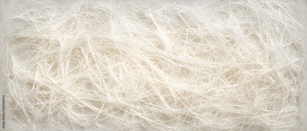 Fototapeta premium White fiber texture abstract minimal background soft thread pattern light hair strand delicate line weave organic tangle panorama messy surface detail natural material closeup subtle neutral art