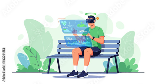 Virtual reality health monitoring illustration featuring a person on a bench interacting with data