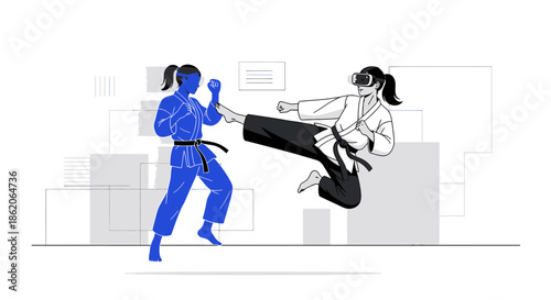 Virtual Reality Karate Sparring Session: Two Martial Artists Training in a Digital Arena