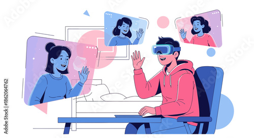 Virtual reality meeting concept showcasing a man using VR glasses chatting with friends online