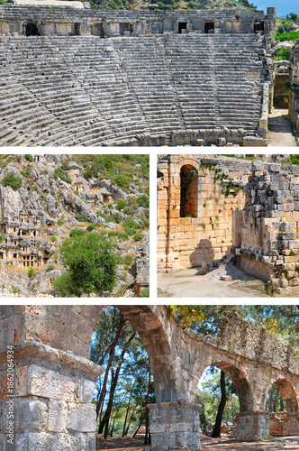 Ancient Greek and Roman Ruins Collage with Amphitheater and Rock Tombs