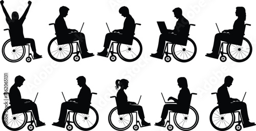 Wheelchair users silhouettes working on laptops celebrating success isolated on white background, disability inclusion vector illustration for accessibility technology concept