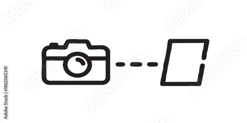 Camera with photo paper line icon, exhibition concept. Vector graphics. Photo camera shot, photography sign on white background, style for mobile or design.
