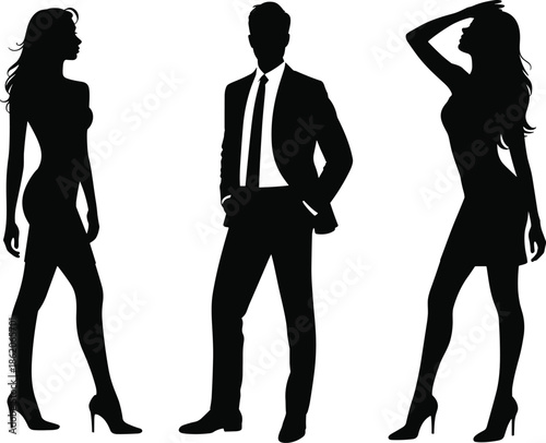 Fashion business people silhouettes group standing stylishly isolated on white background, professional men and women vector illustration for corporate branding design