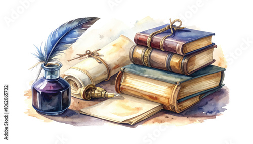 Watercolor Still Life of Antique Books Quill Inkwell and Scroll on White illutrastion transparent background