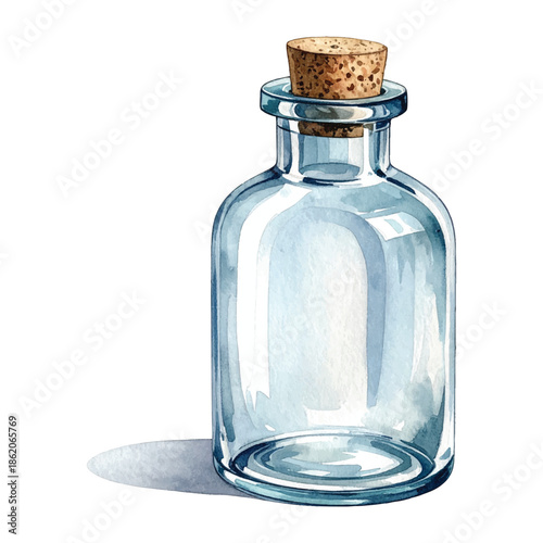 Empty Clear Glass Bottle With Cork Stopper On White watercolor vector illutrastion transparent background